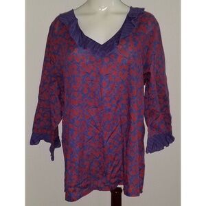 NWT Indira Cotton Shirt Top 3X Semi-Sheer Red Purple Floral Wrist/Neck Ruffle